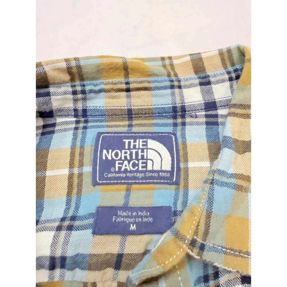 NORTH FACE Mens Medium Blue Mustard Plaid Short Sleeve Button up Casual Shirt U6